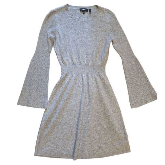Theory Sweater Dress Women's XS P Grey Cashmere Bell Sleeve Mini Cozy Soft - Picture 1 of 4